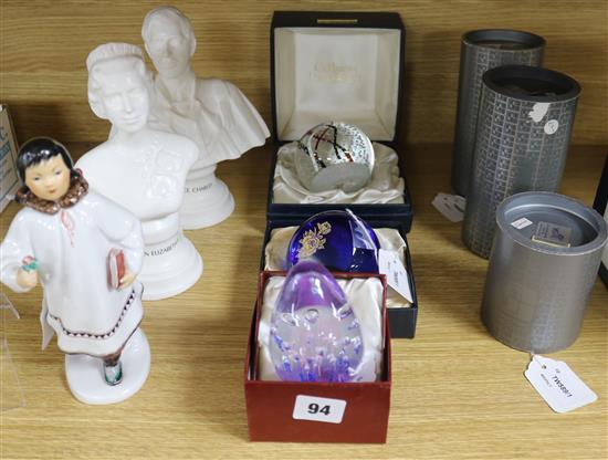 Three glass paperweights and sundry decorative items, tallest 21.5cm